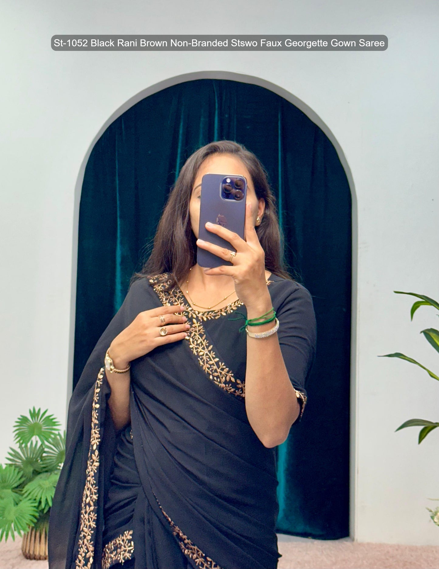 St-1052 Black Rani Brown Non-Branded Stswo Faux Georgette Gown Saree