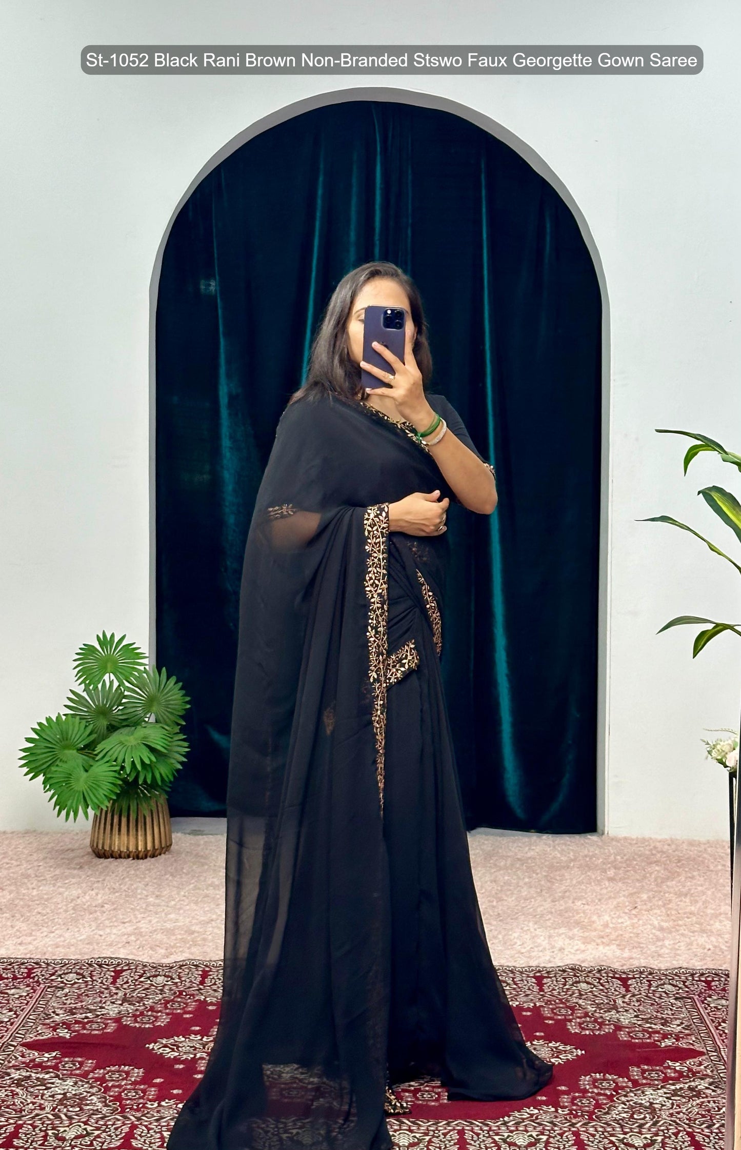 St-1052 Black Rani Brown Non-Branded Stswo Faux Georgette Gown Saree