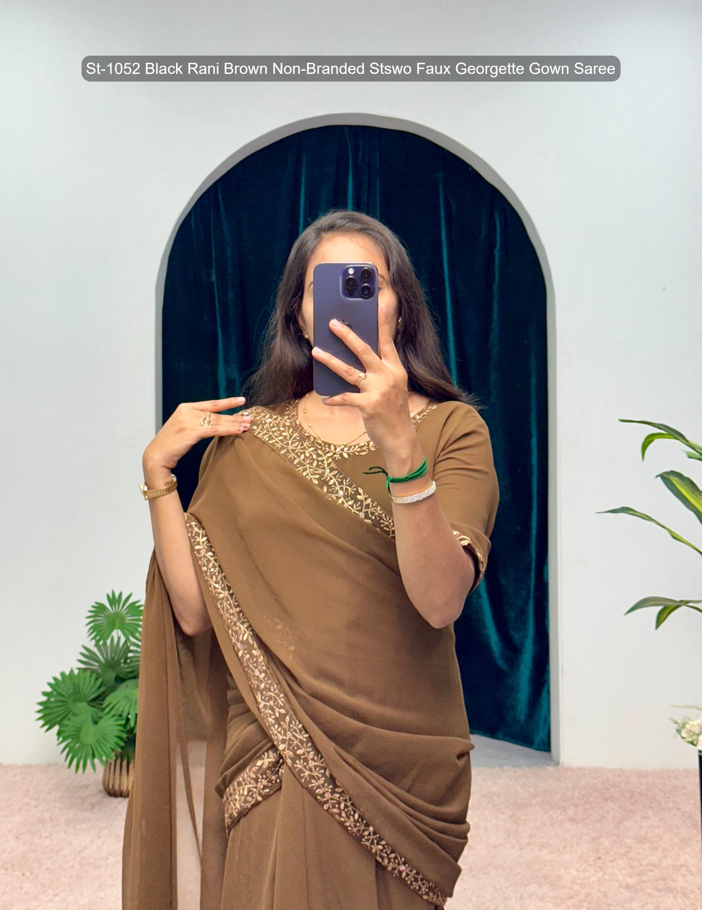 St-1052 Black Rani Brown Non-Branded Stswo Faux Georgette Gown Saree