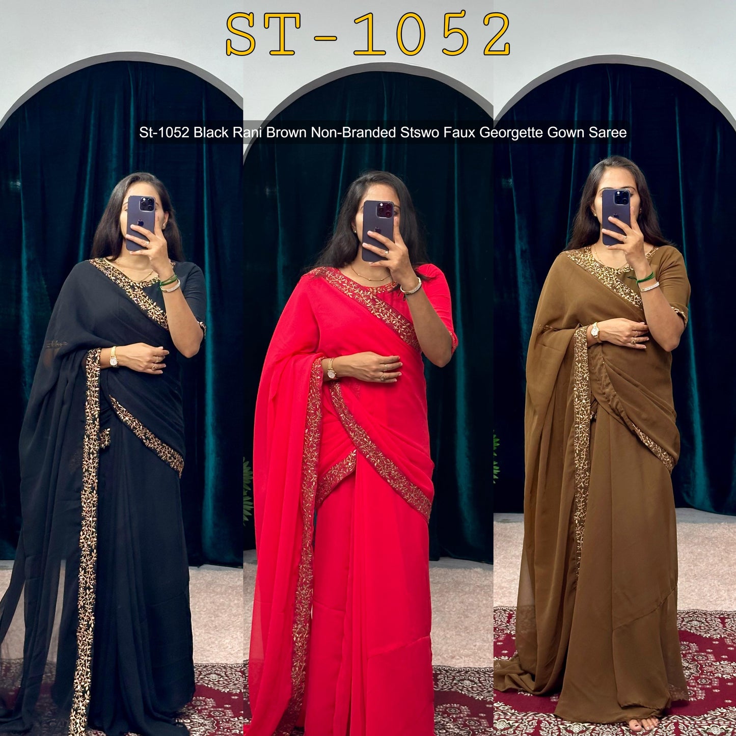 St-1052 Black Rani Brown Non-Branded Stswo Faux Georgette Gown Saree