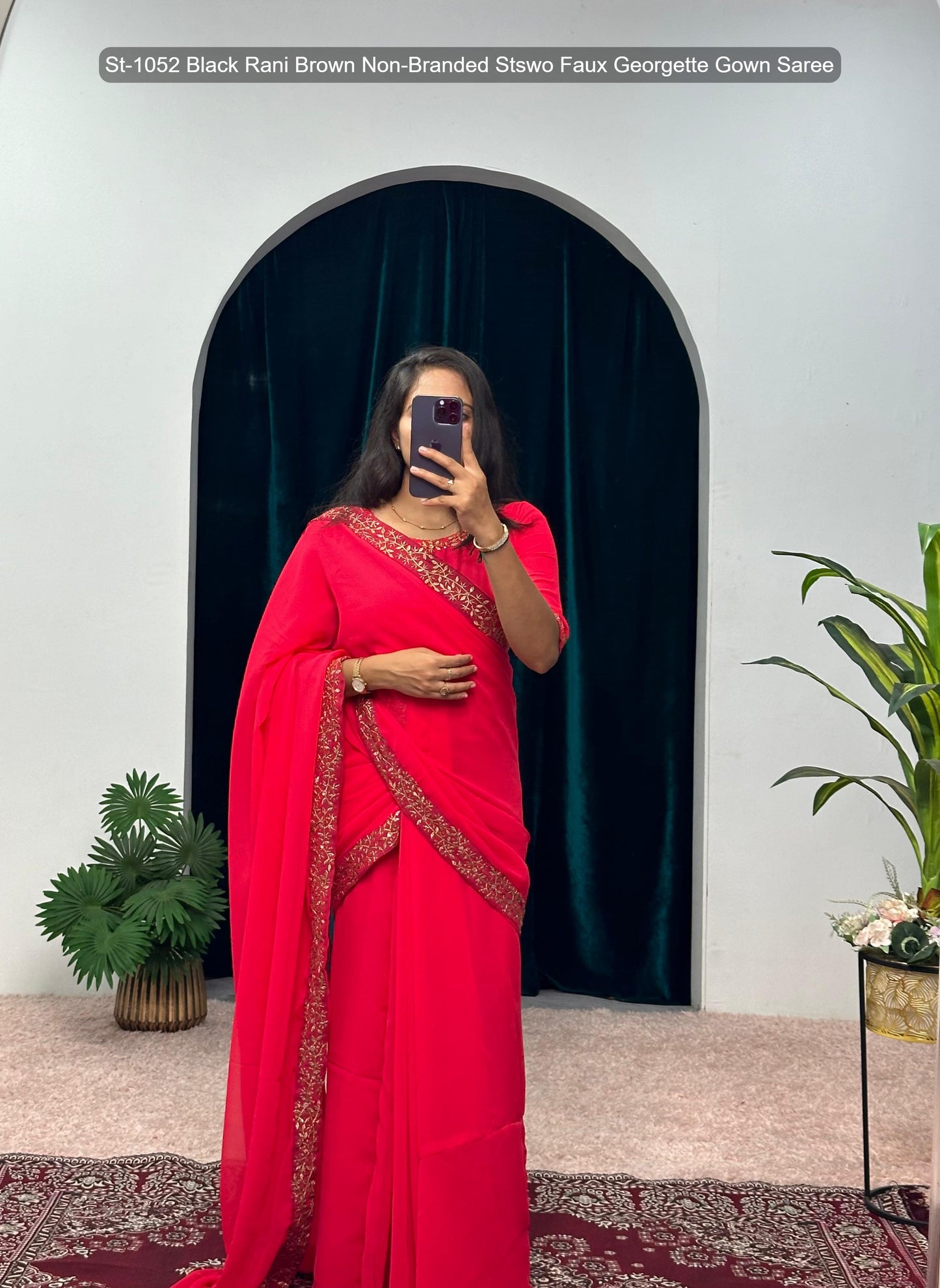 St-1052 Black Rani Brown Non-Branded Stswo Faux Georgette Gown Saree