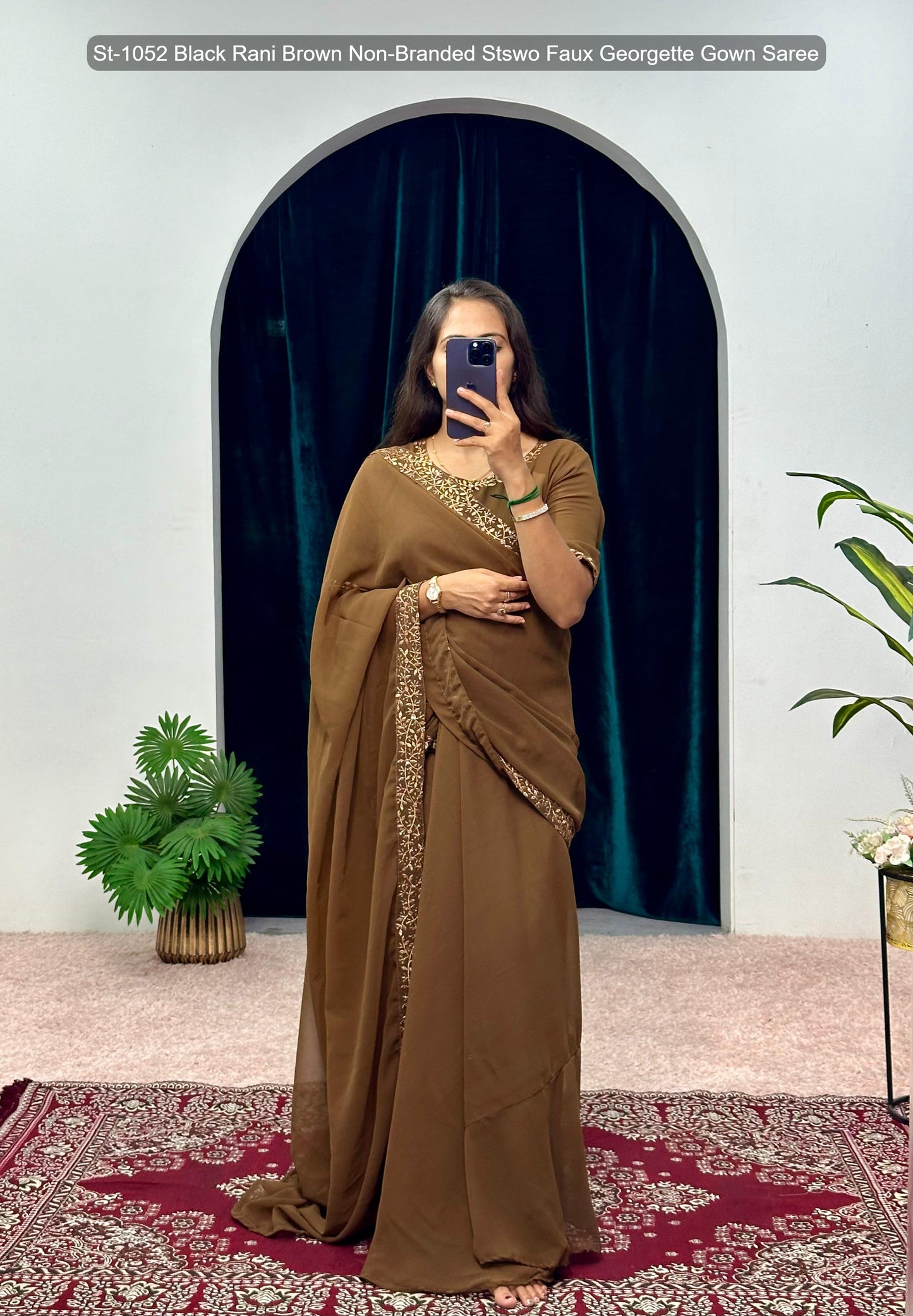 St-1052 Black Rani Brown Non-Branded Stswo Faux Georgette Gown Saree