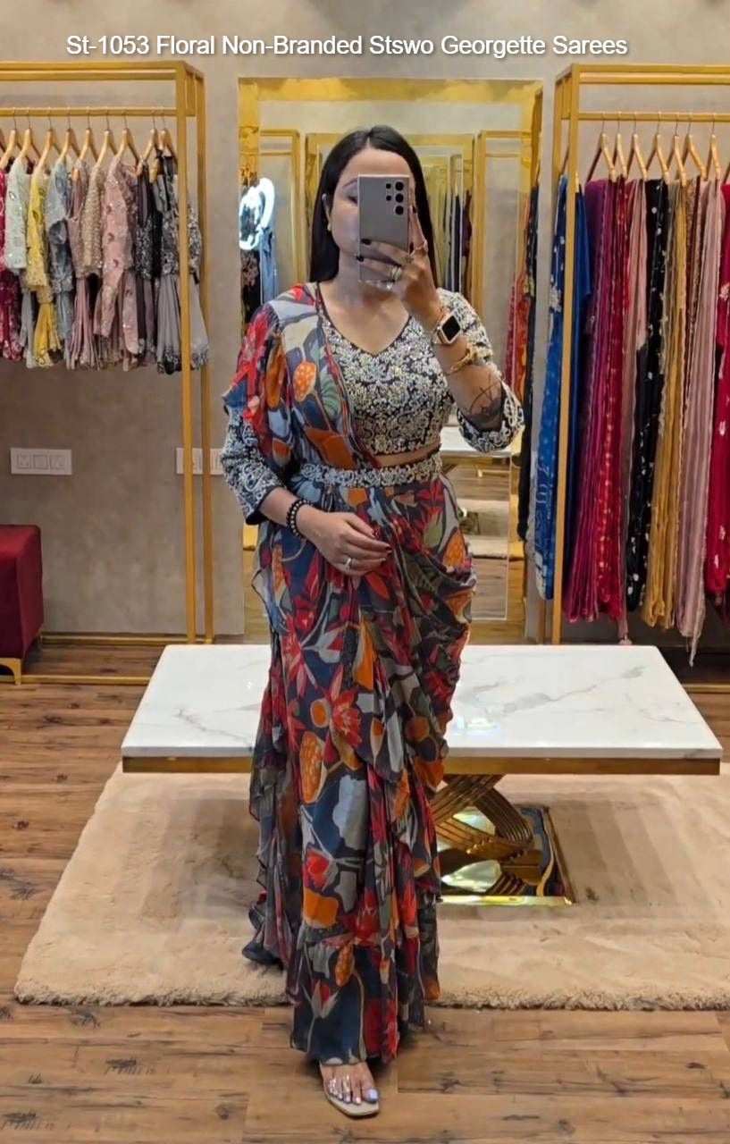 St-1053 Floral Non-Branded Stswo Georgette Sarees