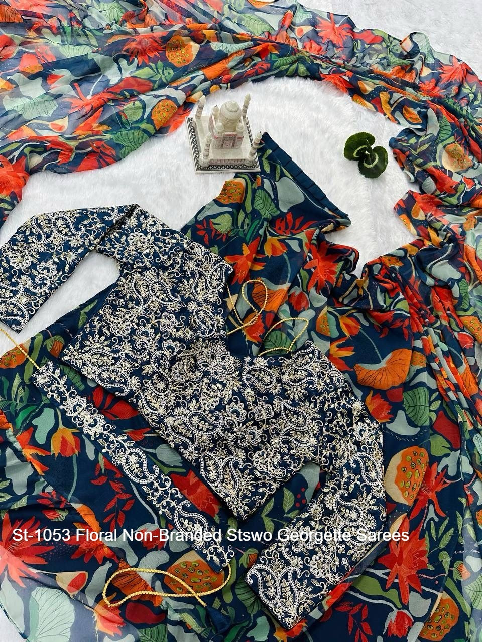 St-1053 Floral Non-Branded Stswo Georgette Sarees