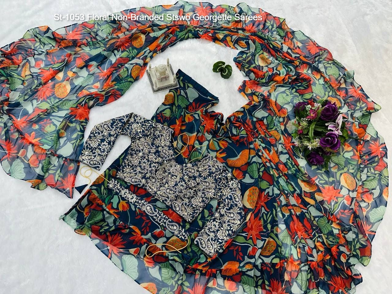 St-1053 Floral Non-Branded Stswo Georgette Sarees