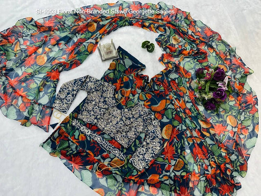 St-1053 Floral Non-Branded Stswo Georgette Sarees