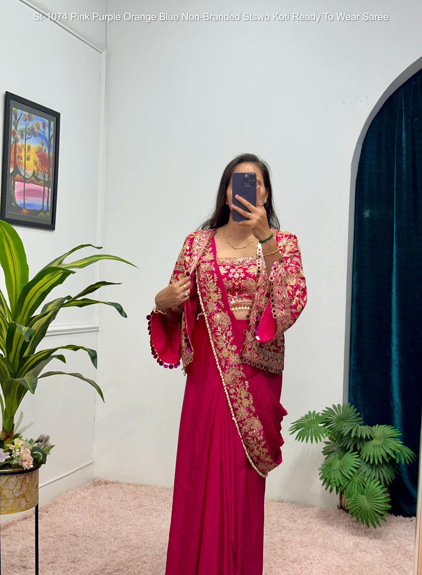 St-1074 Pink Purple Orange Blue Non-Branded Stswo Koti Ready To Wear Saree