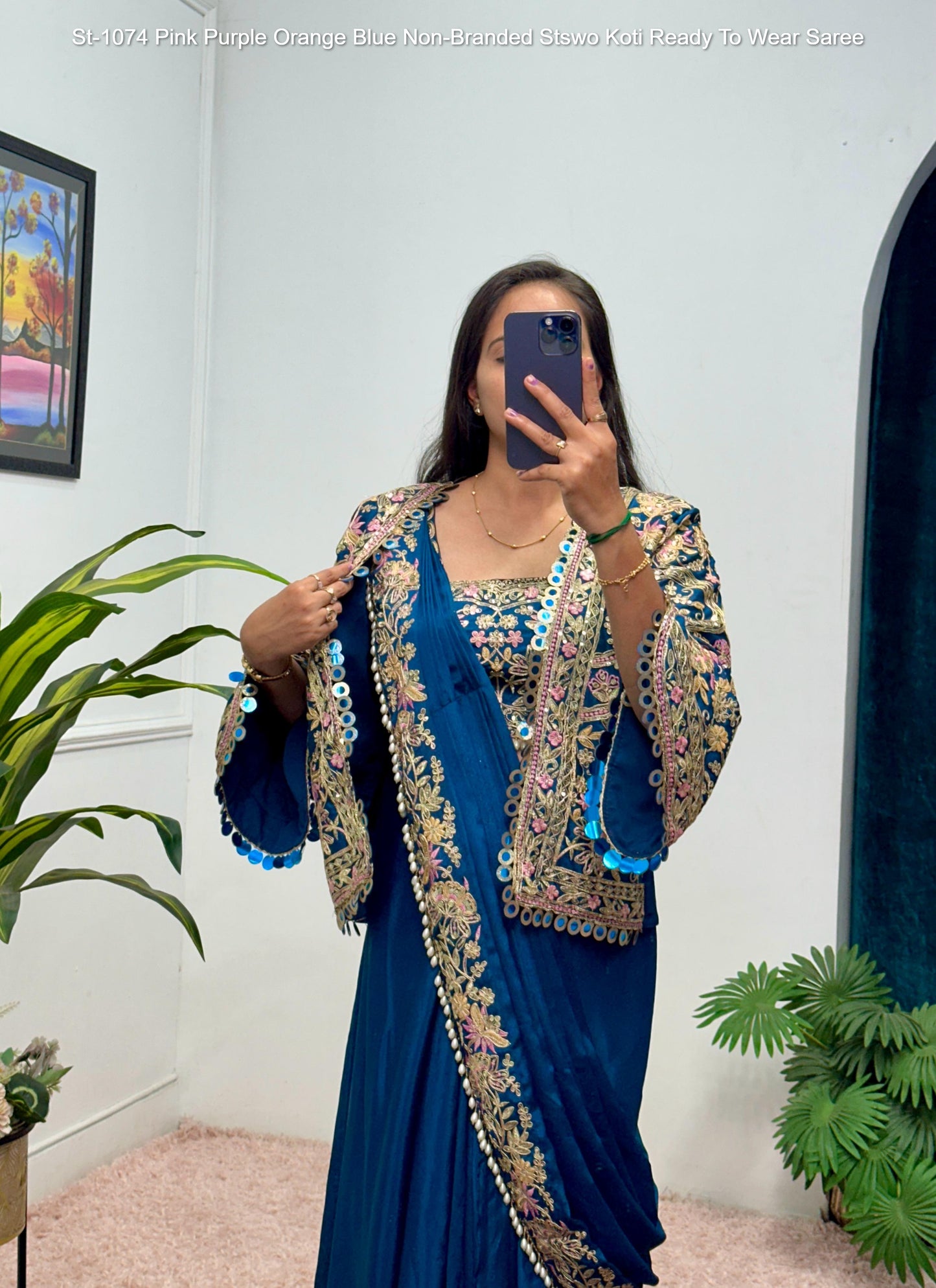 St-1074 Pink Purple Orange Blue Non-Branded Stswo Koti Ready To Wear Saree