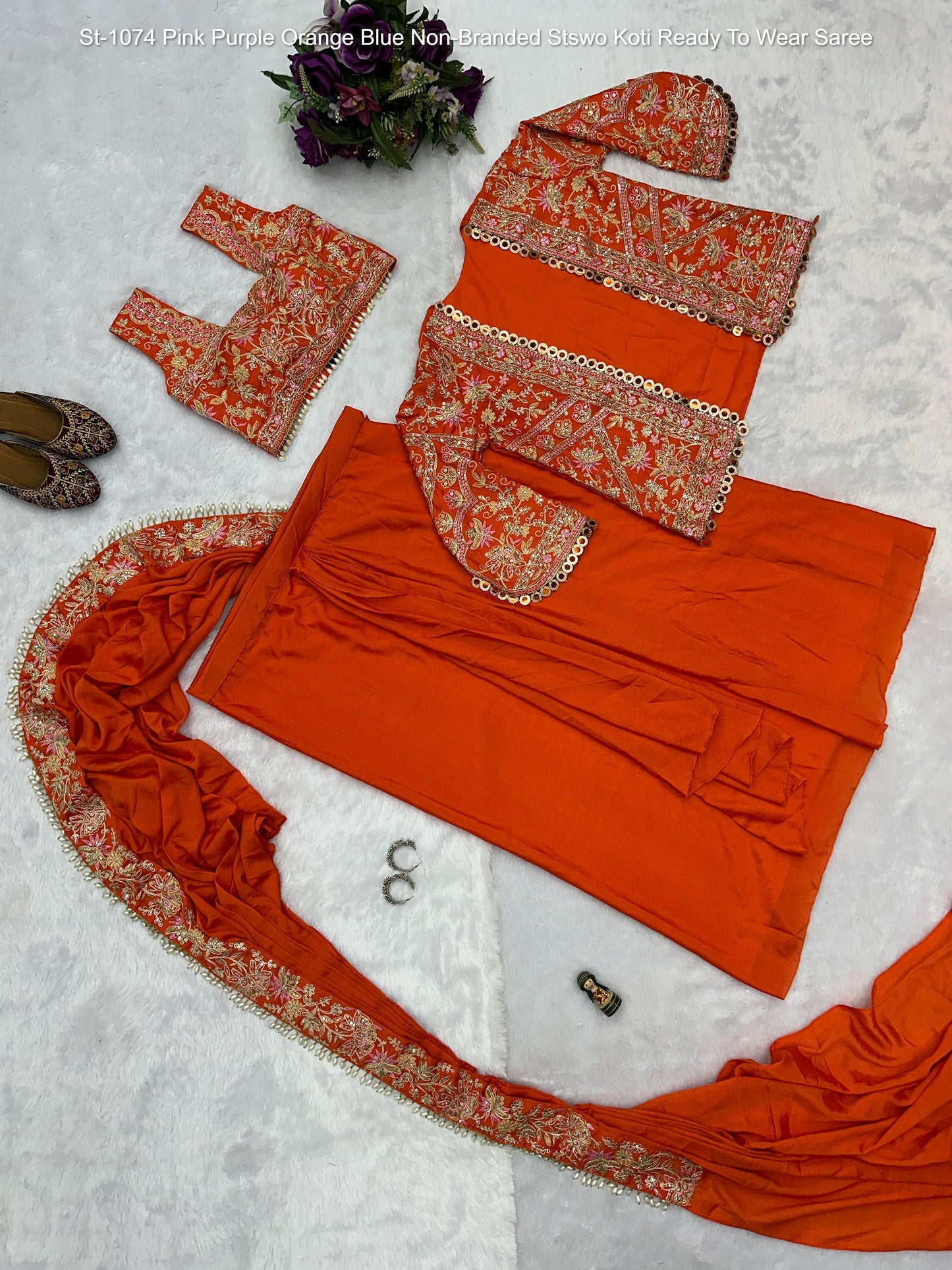 St-1074 Pink Purple Orange Blue Non-Branded Stswo Koti Ready To Wear Saree