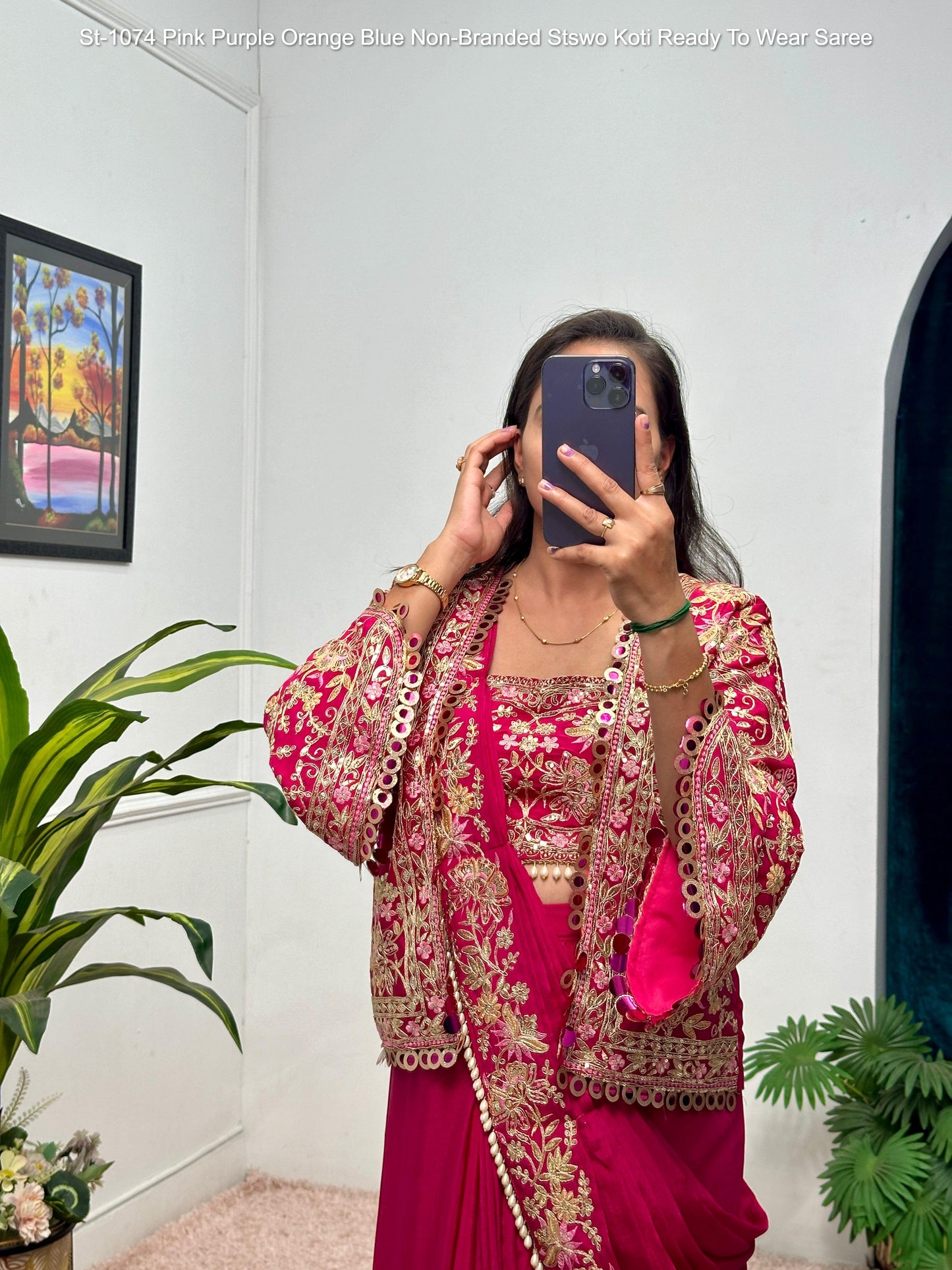 St-1074 Pink Purple Orange Blue Non-Branded Stswo Koti Ready To Wear Saree