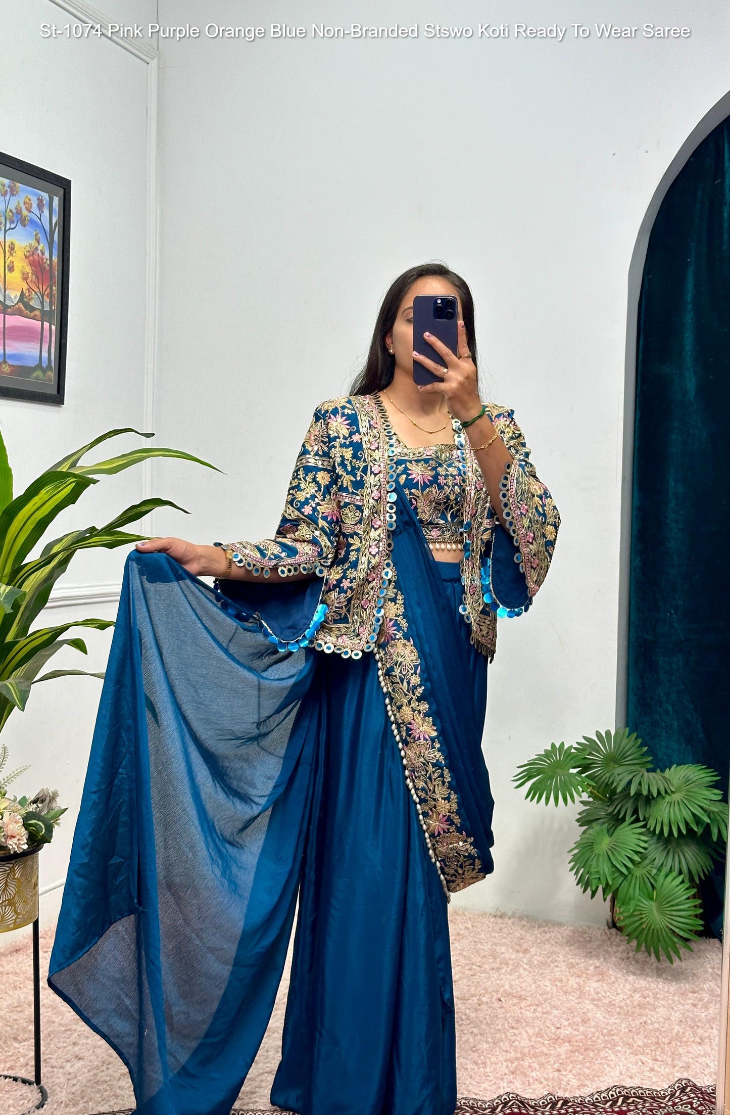 St-1074 Pink Purple Orange Blue Non-Branded Stswo Koti Ready To Wear Saree