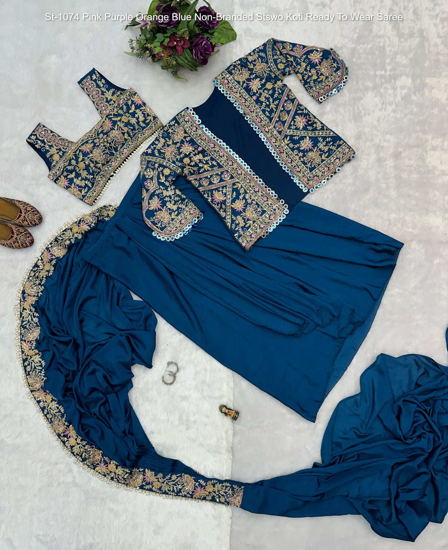 St-1074 Pink Purple Orange Blue Non-Branded Stswo Koti Ready To Wear Saree