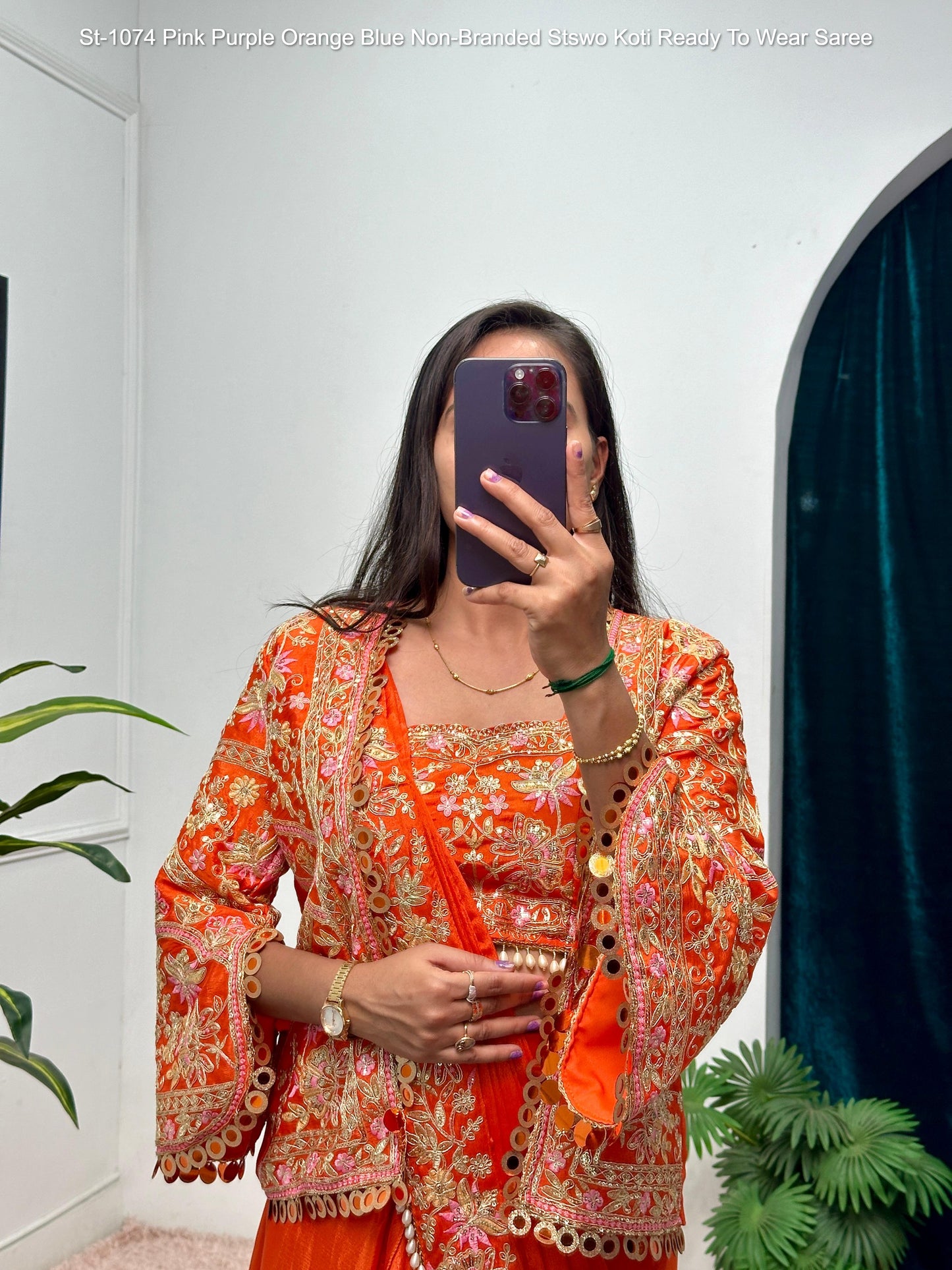 St-1074 Pink Purple Orange Blue Non-Branded Stswo Koti Ready To Wear Saree