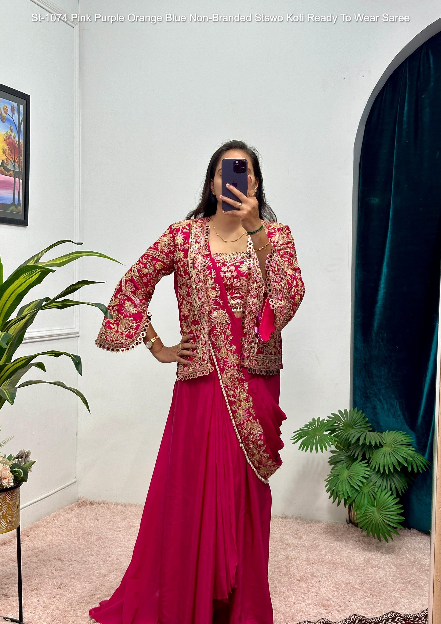 St-1074 Pink Purple Orange Blue Non-Branded Stswo Koti Ready To Wear Saree