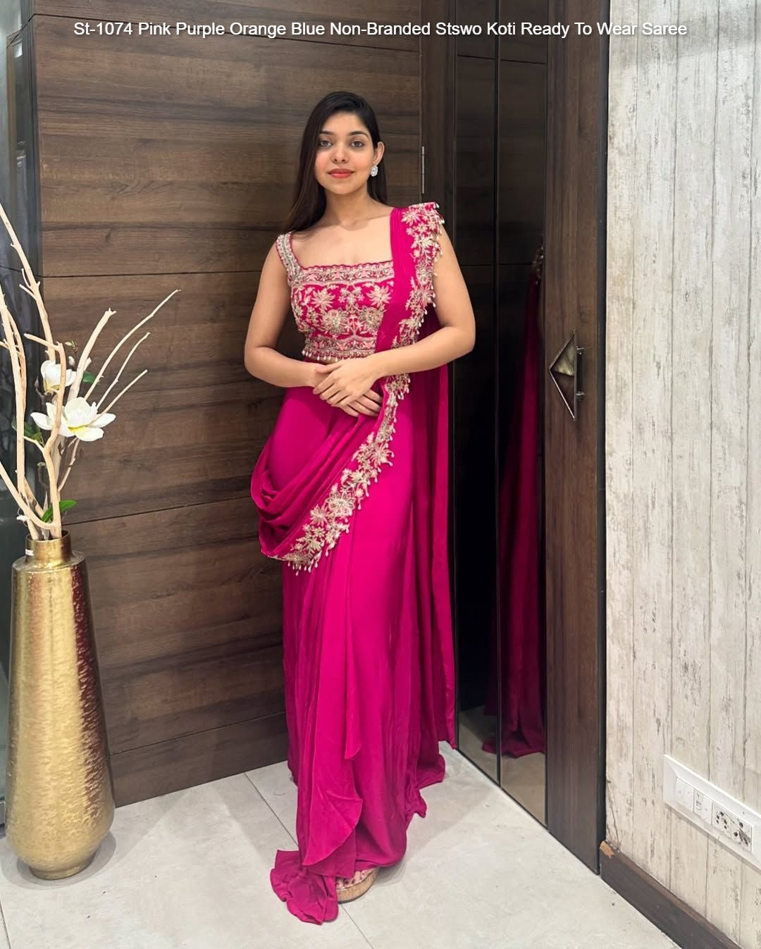 St-1074 Pink Purple Orange Blue Non-Branded Stswo Koti Ready To Wear Saree