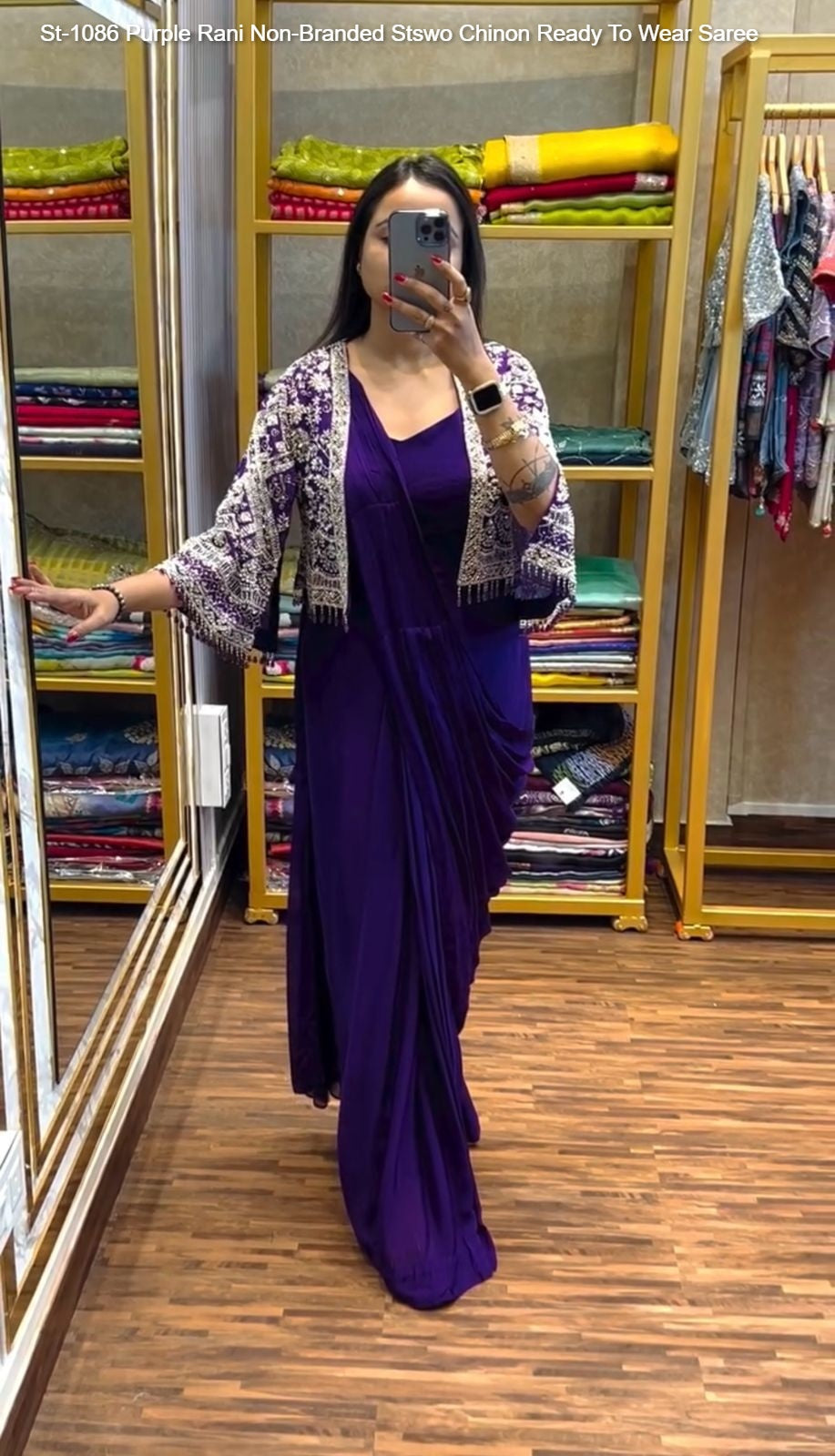 St-1086 Purple Rani Non-Branded Stswo Chinon Ready To Wear Saree