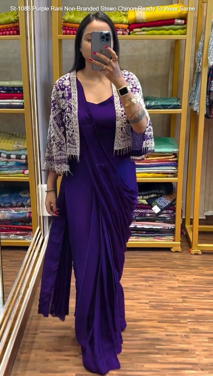 St-1086 Purple Rani Non-Branded Stswo Chinon Ready To Wear Saree