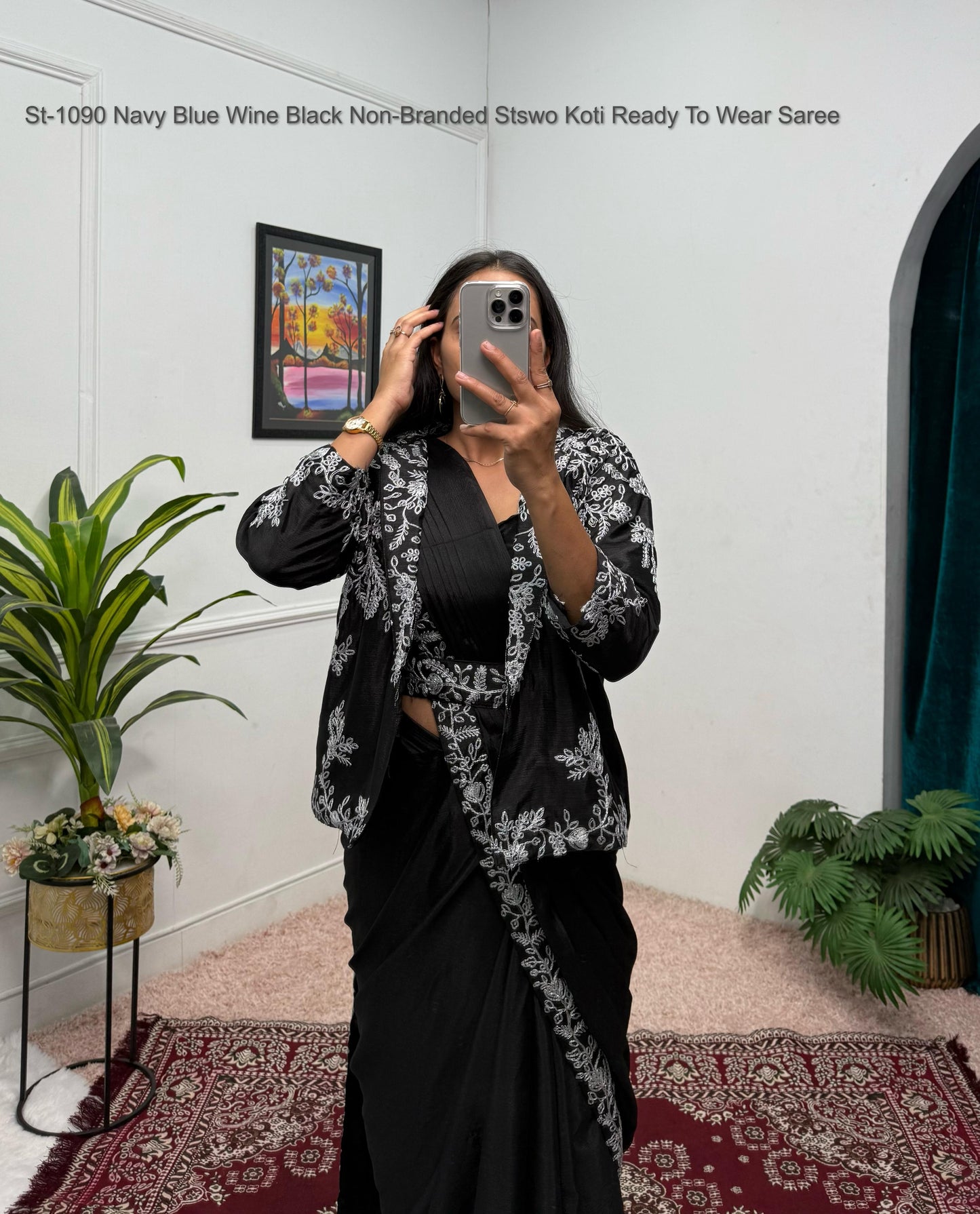 St-1090 Navy Blue Wine Black Non-Branded Stswo Koti Ready To Wear Saree