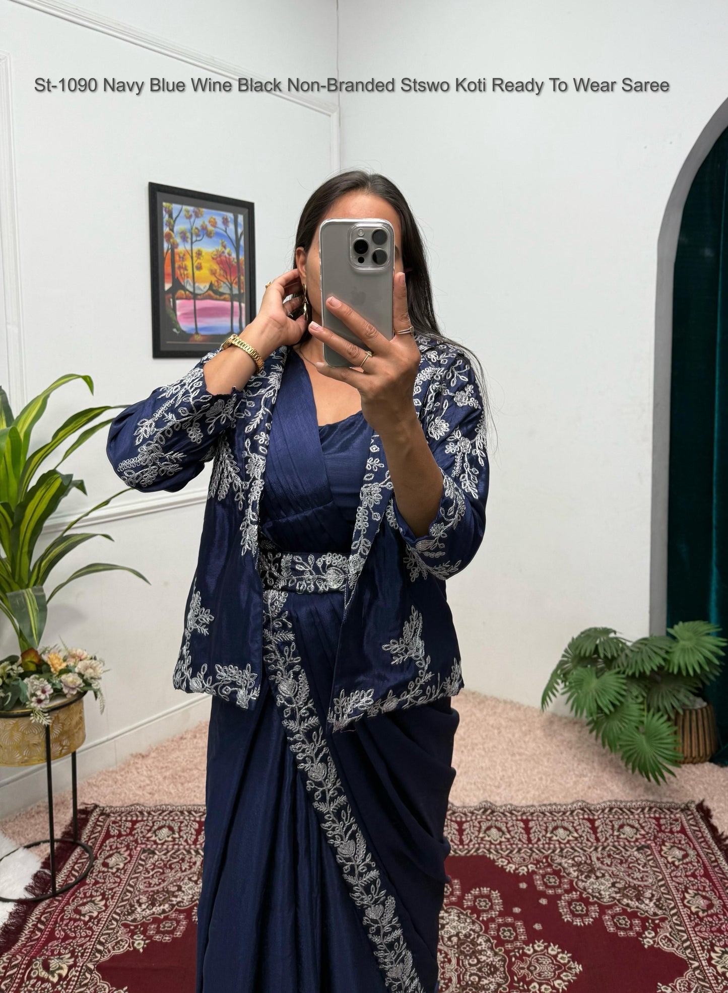 St-1090 Navy Blue Wine Black Non-Branded Stswo Koti Ready To Wear Saree