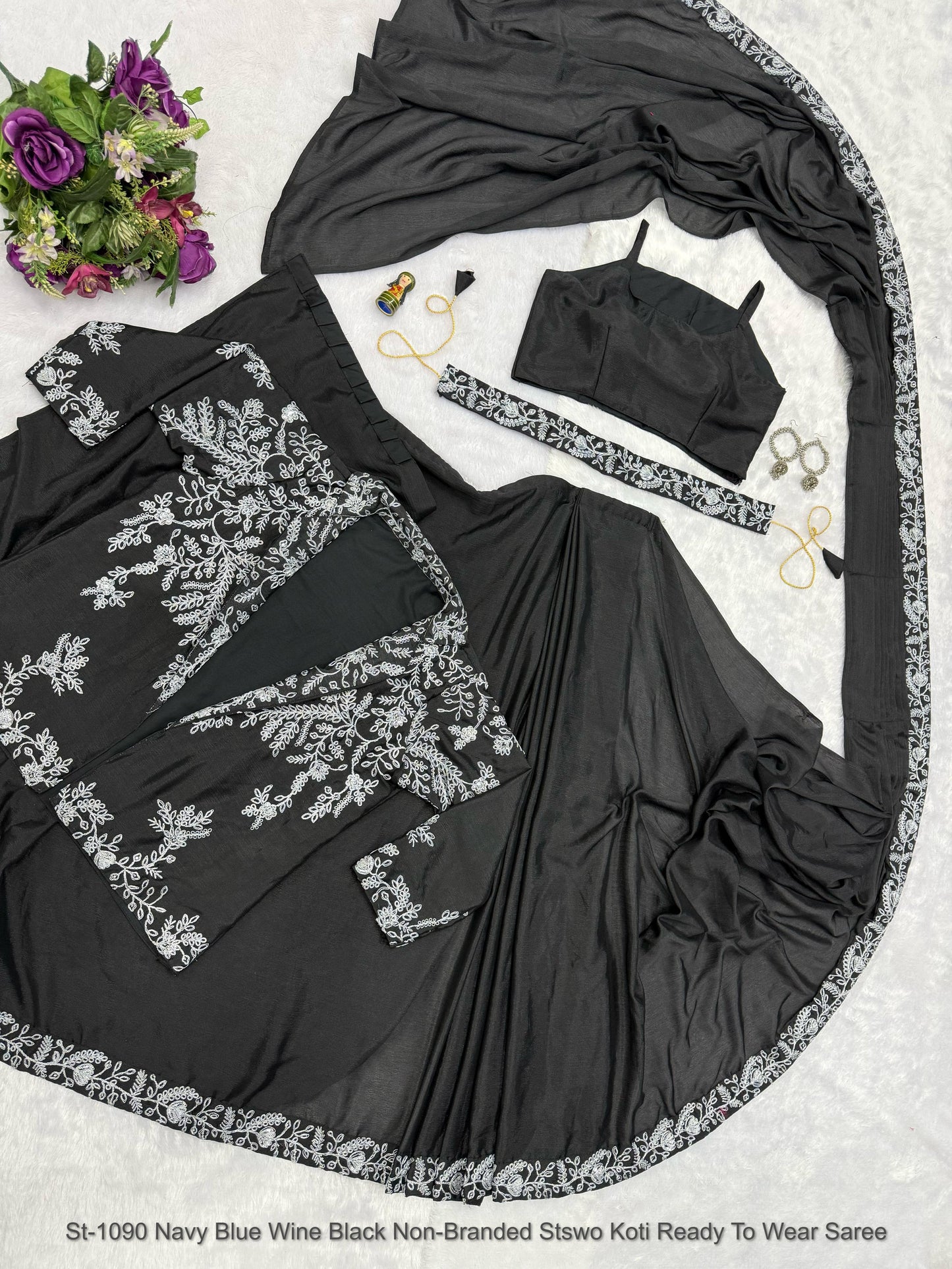 St-1090 Navy Blue Wine Black Non-Branded Stswo Koti Ready To Wear Saree