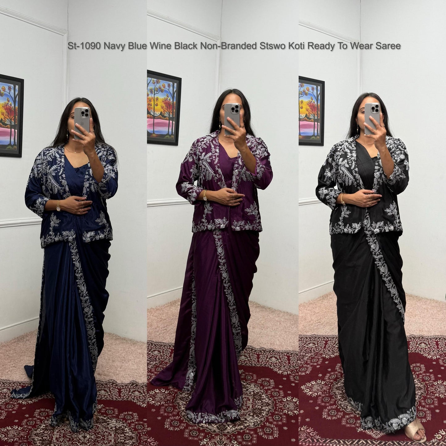 St-1090 Navy Blue Wine Black Non-Branded Stswo Koti Ready To Wear Saree