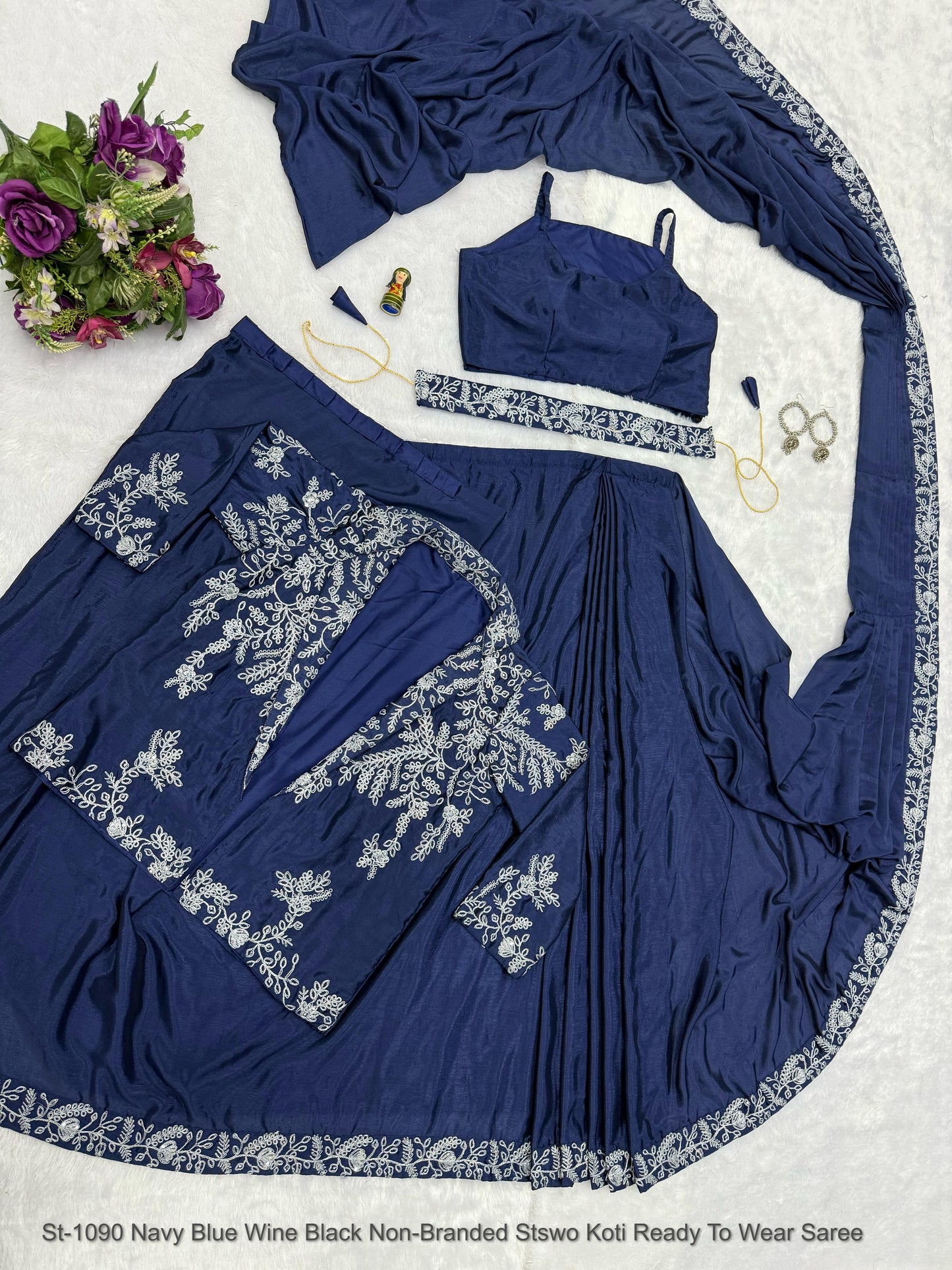 St-1090 Navy Blue Wine Black Non-Branded Stswo Koti Ready To Wear Saree