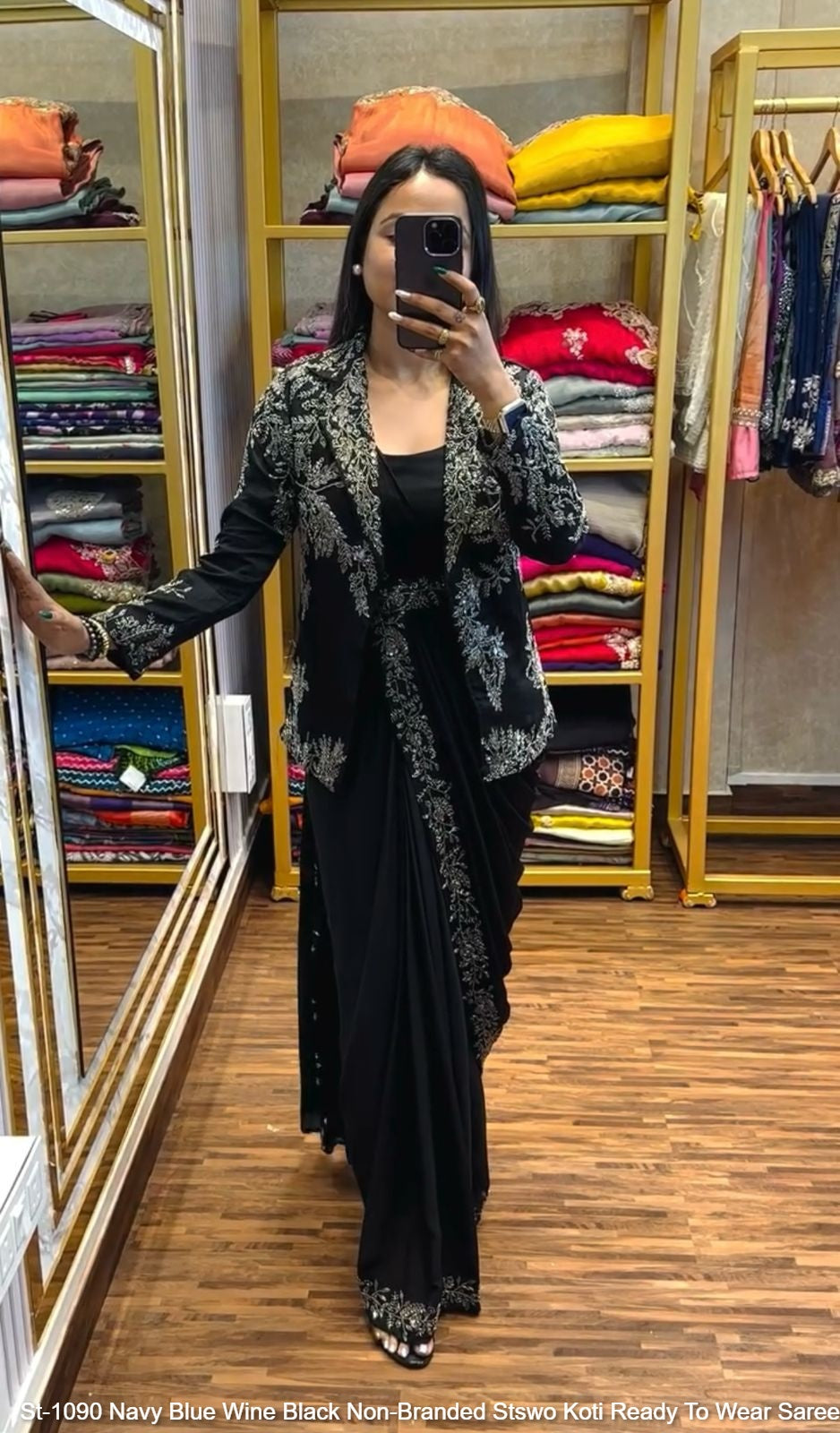 St-1090 Navy Blue Wine Black Non-Branded Stswo Koti Ready To Wear Saree