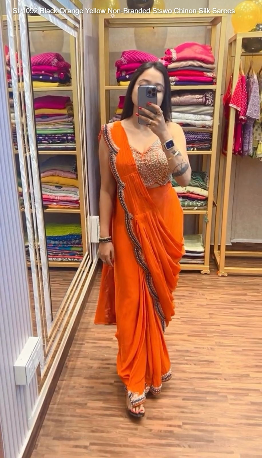 St-1092 Black Orange Yellow Non-Branded Stswo Chinon Silk Sarees