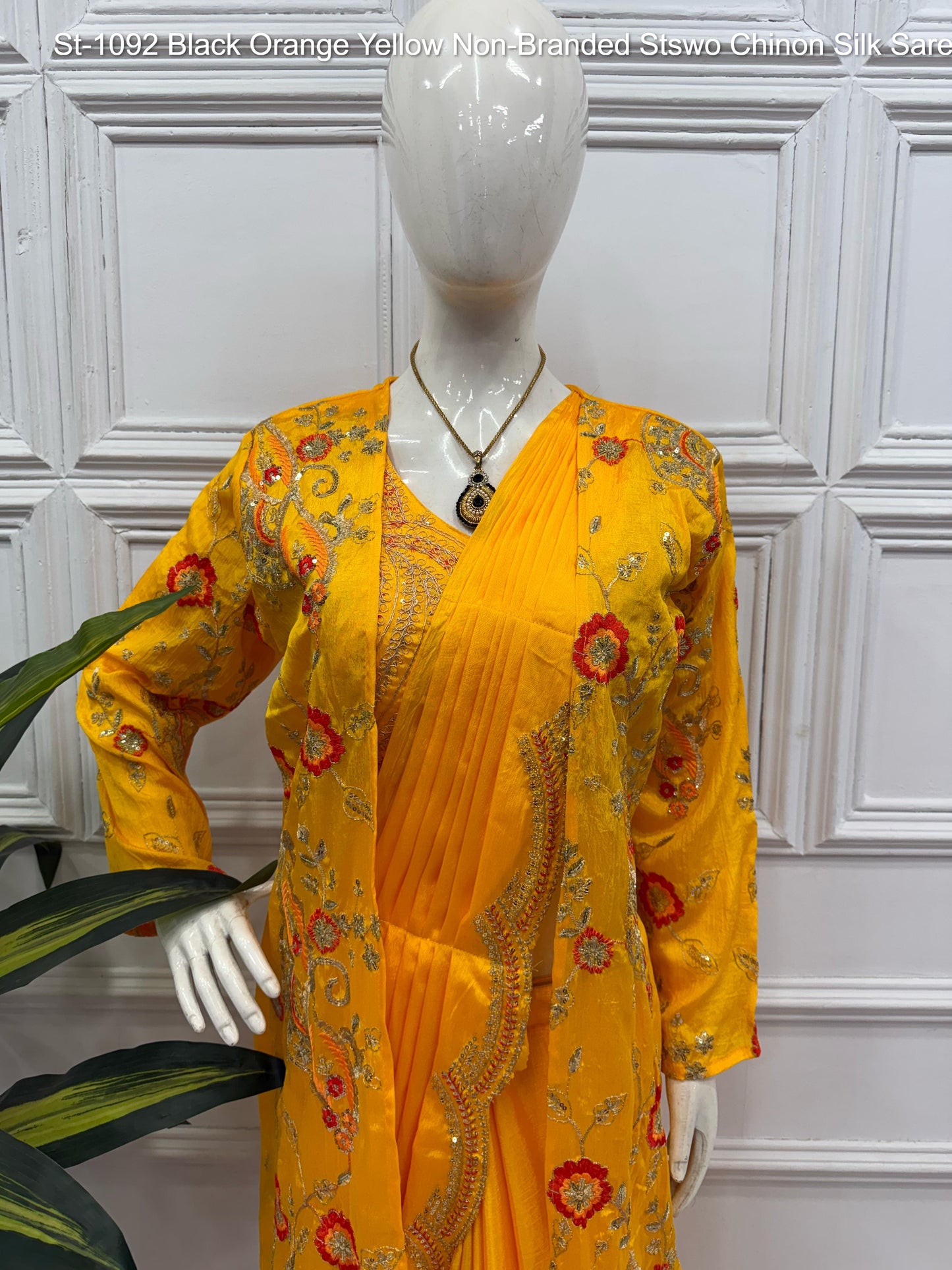 St-1092 Black Orange Yellow Non-Branded Stswo Chinon Silk Sarees