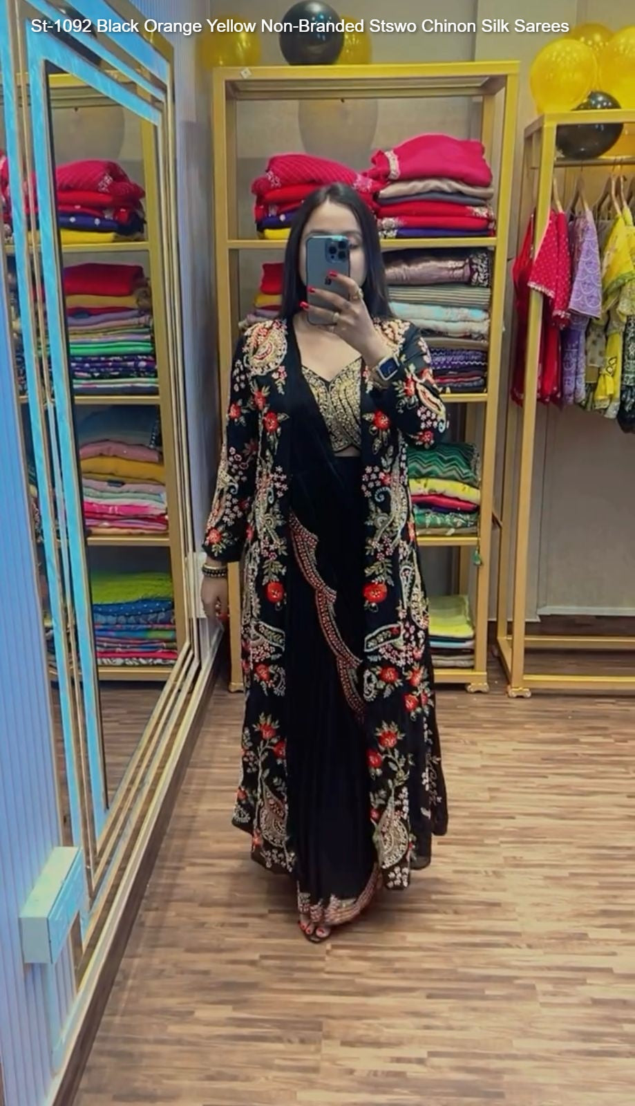 St-1092 Black Orange Yellow Non-Branded Stswo Chinon Silk Sarees