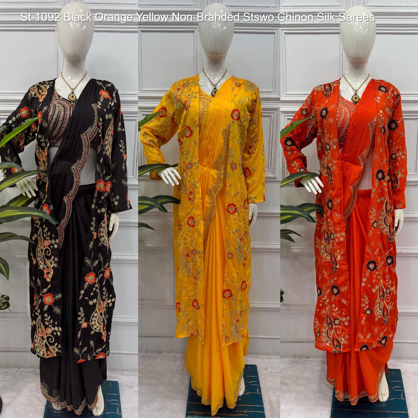 St-1092 Black Orange Yellow Non-Branded Stswo Chinon Silk Sarees