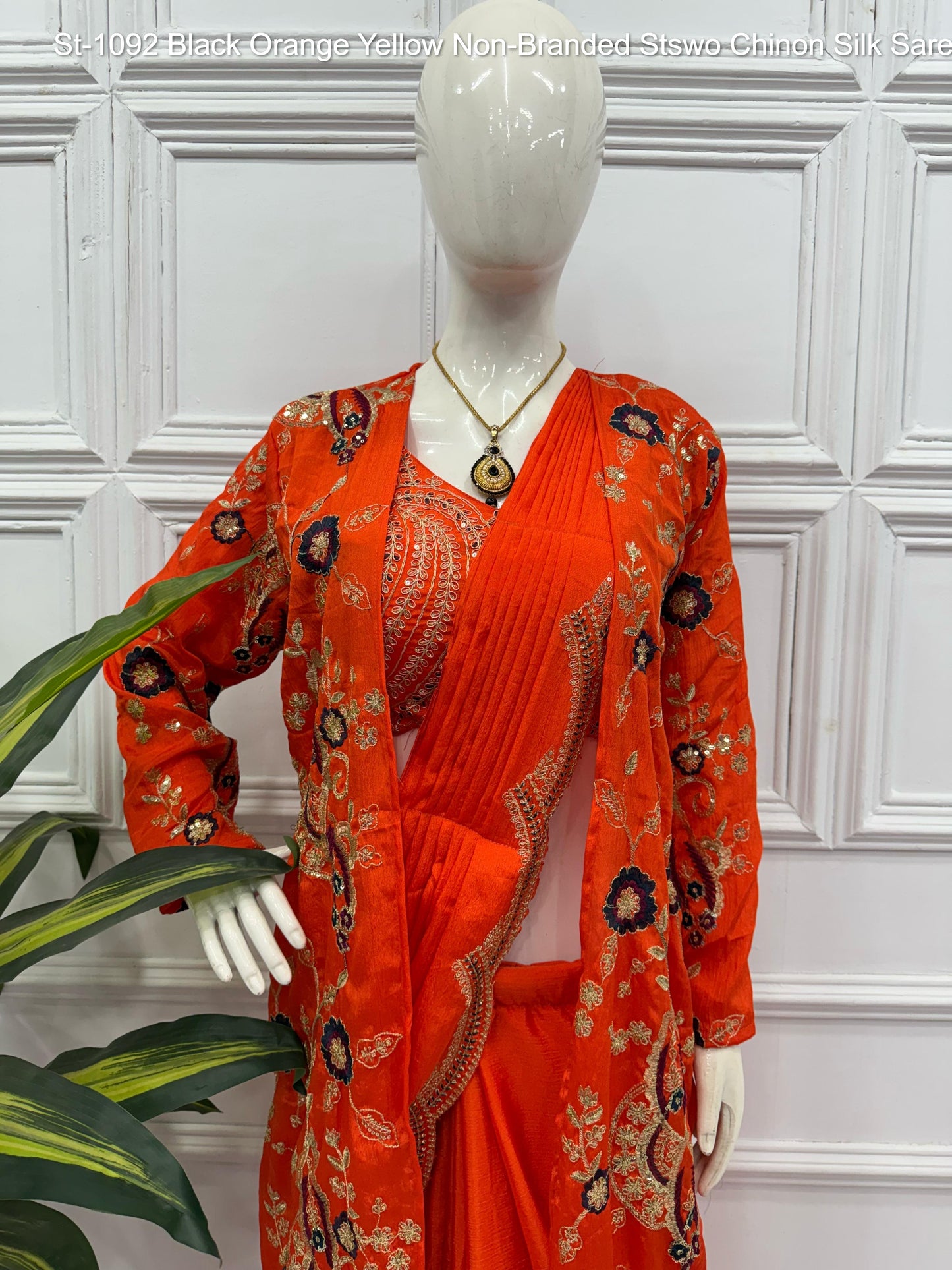 St-1092 Black Orange Yellow Non-Branded Stswo Chinon Silk Sarees