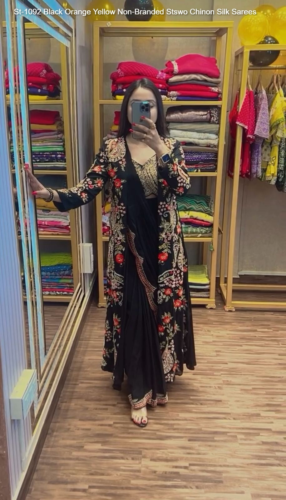 St-1092 Black Orange Yellow Non-Branded Stswo Chinon Silk Sarees