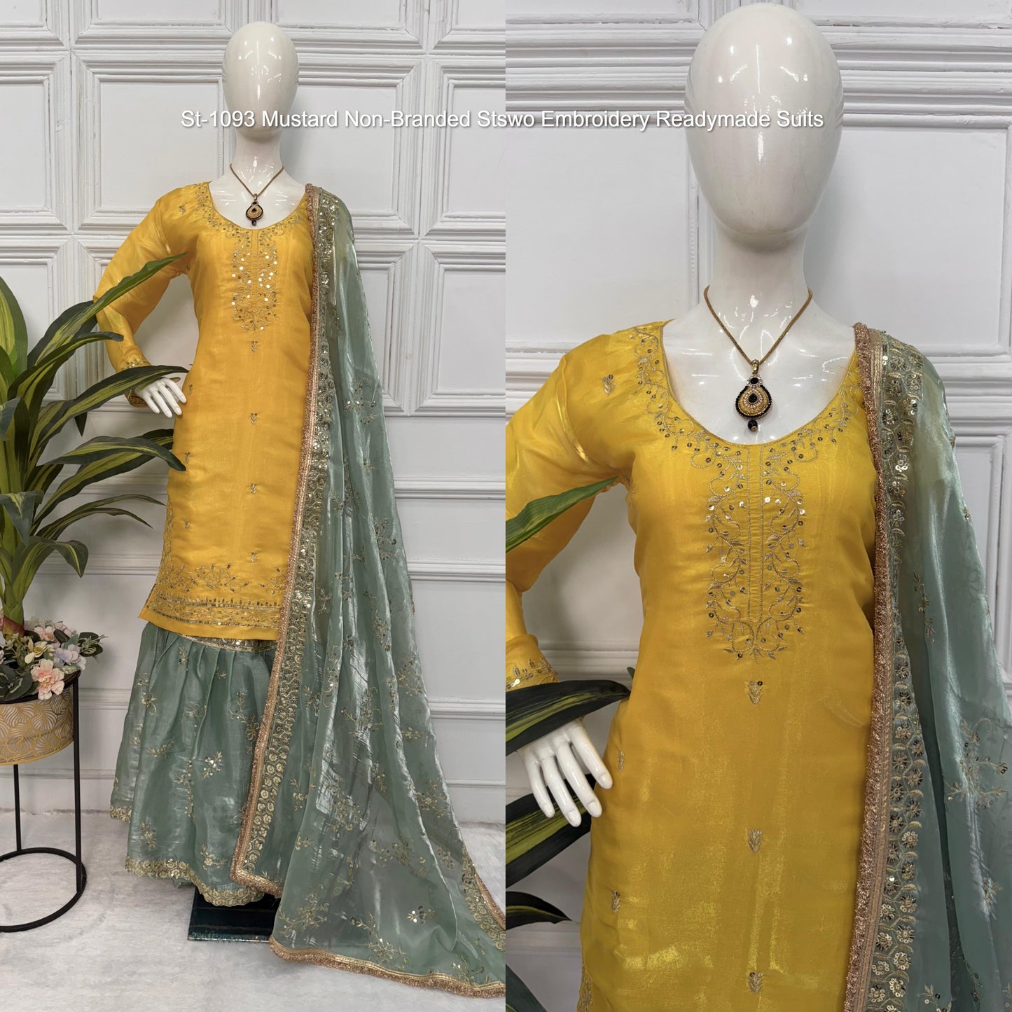 St-1093 Mustard Non-Branded Stswo Embroidery Readymade Suits