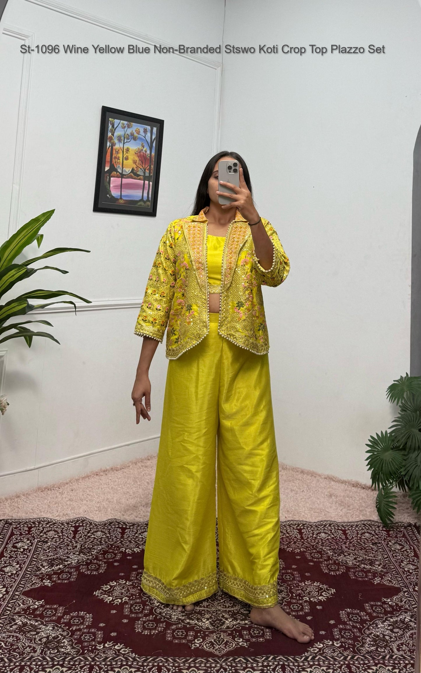 St-1096 Wine Yellow Blue Non-Branded Stswo Koti Crop Top Plazzo Set