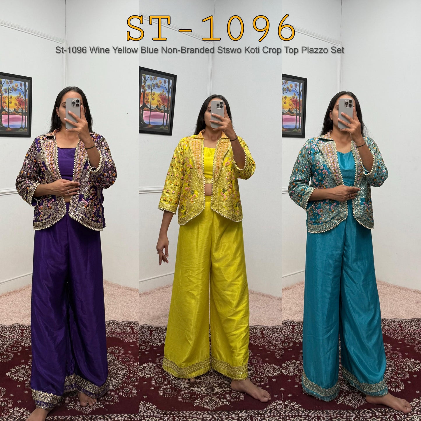 St-1096 Wine Yellow Blue Non-Branded Stswo Koti Crop Top Plazzo Set