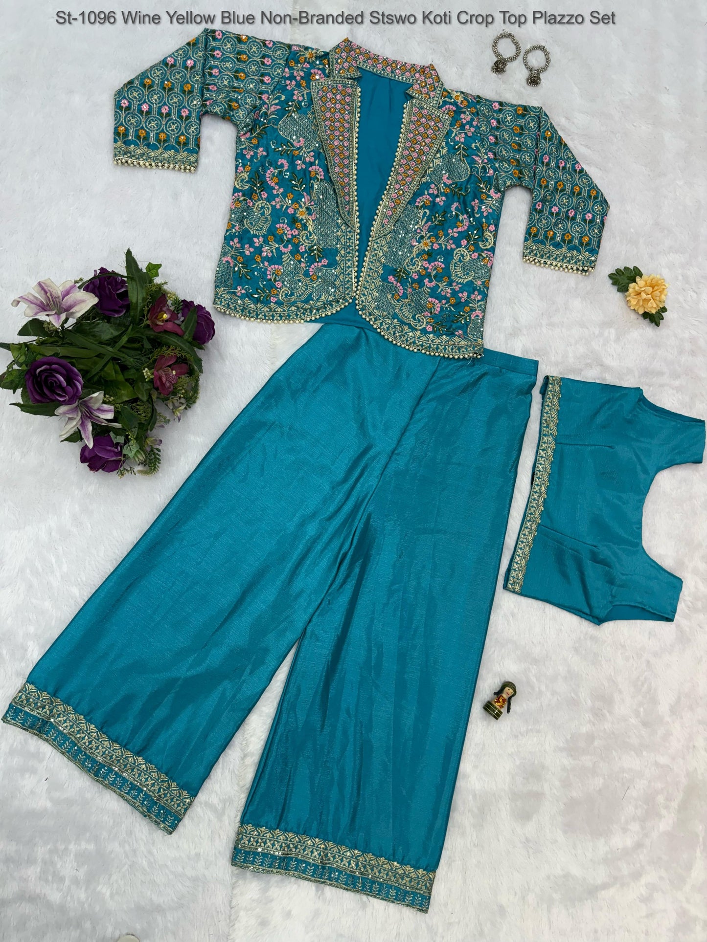 St-1096 Wine Yellow Blue Non-Branded Stswo Koti Crop Top Plazzo Set