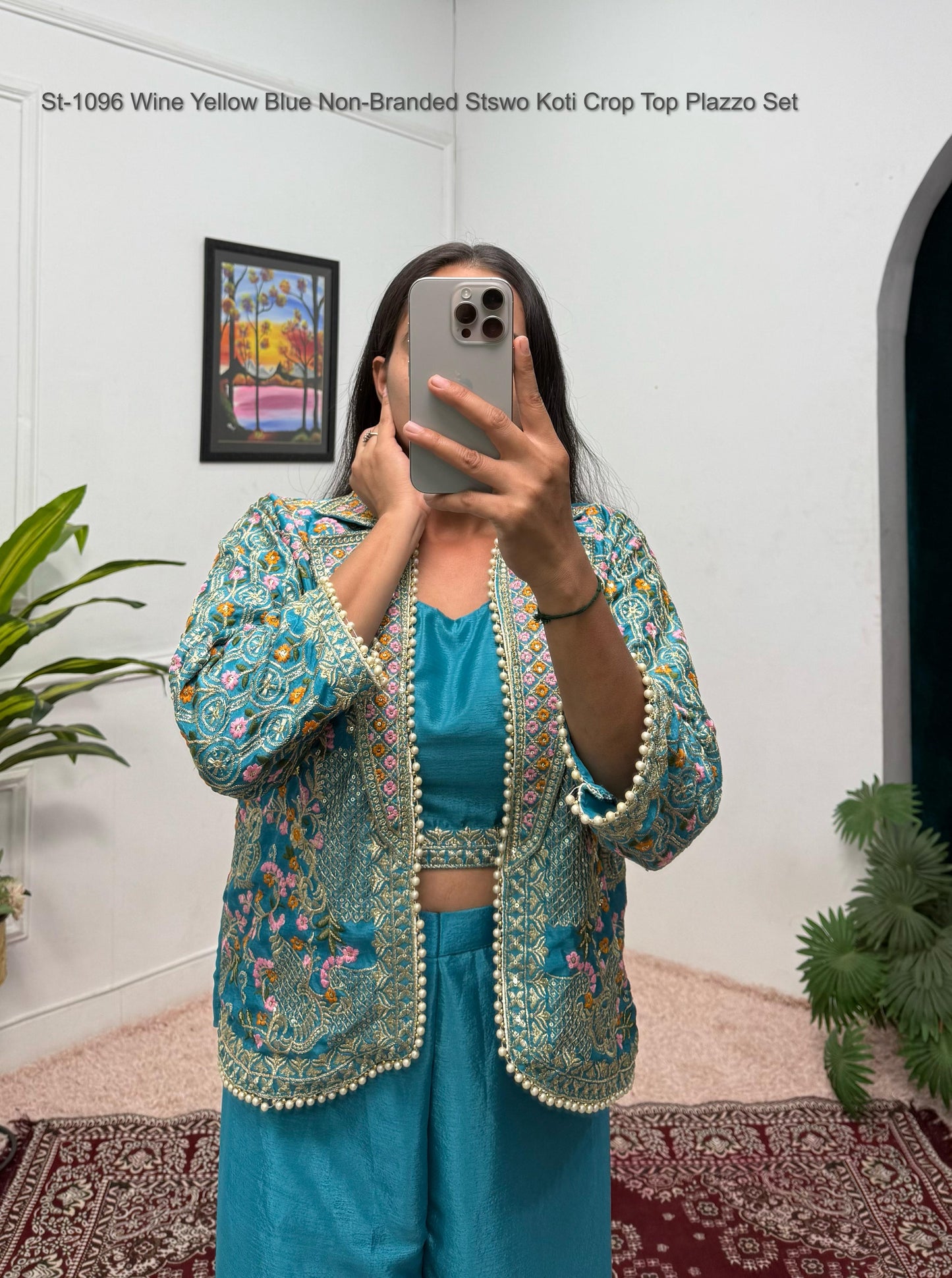 St-1096 Wine Yellow Blue Non-Branded Stswo Koti Crop Top Plazzo Set