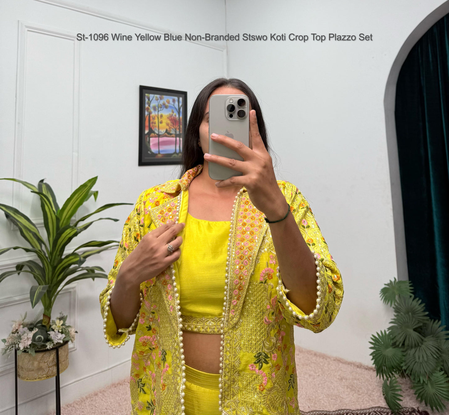 St-1096 Wine Yellow Blue Non-Branded Stswo Koti Crop Top Plazzo Set