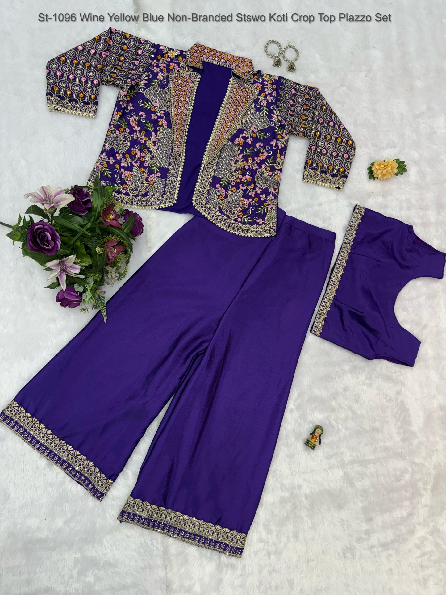 St-1096 Wine Yellow Blue Non-Branded Stswo Koti Crop Top Plazzo Set