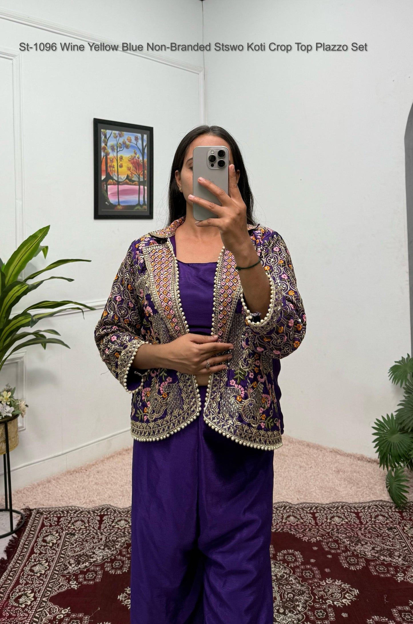 St-1096 Wine Yellow Blue Non-Branded Stswo Koti Crop Top Plazzo Set