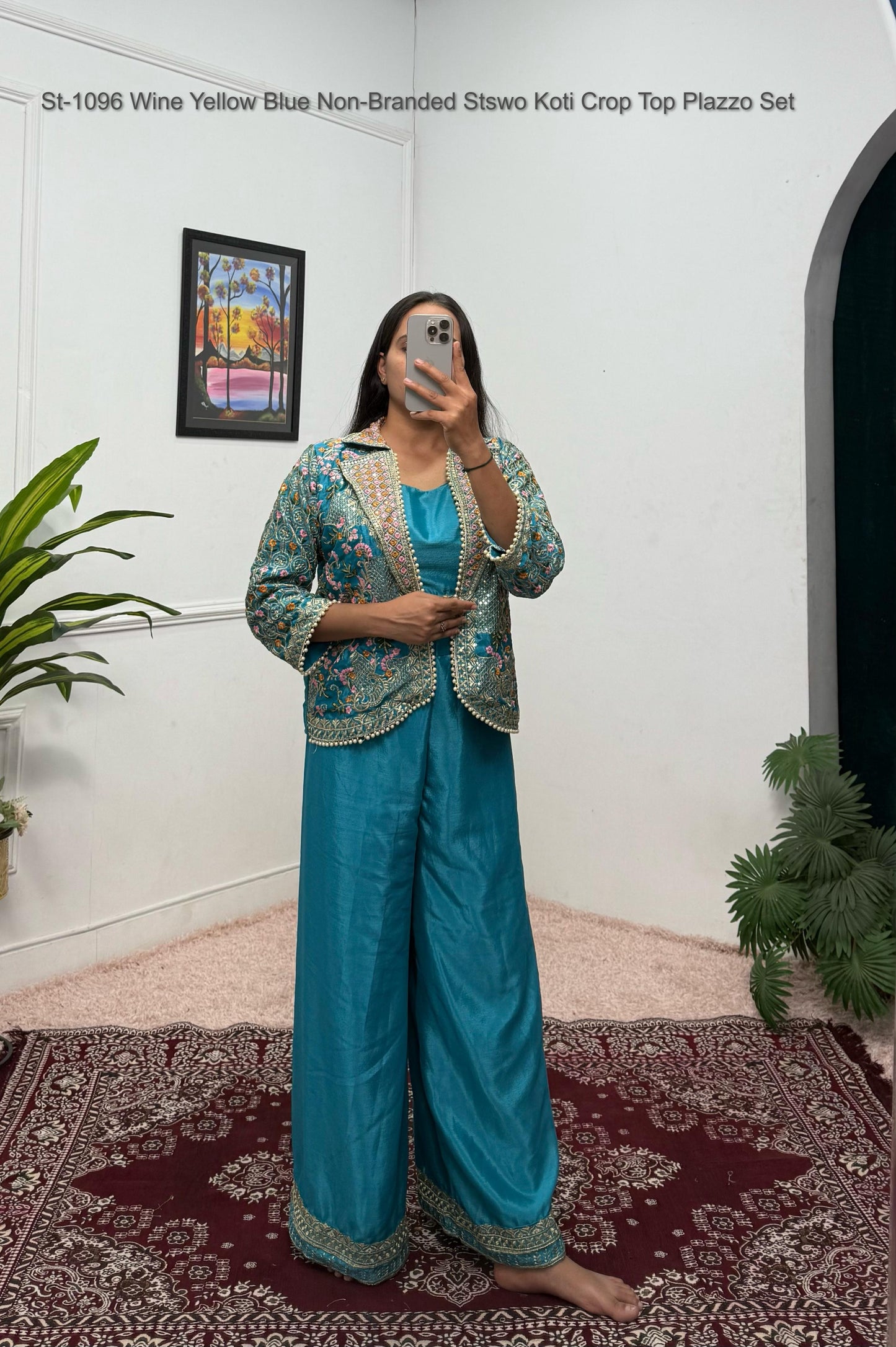 St-1096 Wine Yellow Blue Non-Branded Stswo Koti Crop Top Plazzo Set