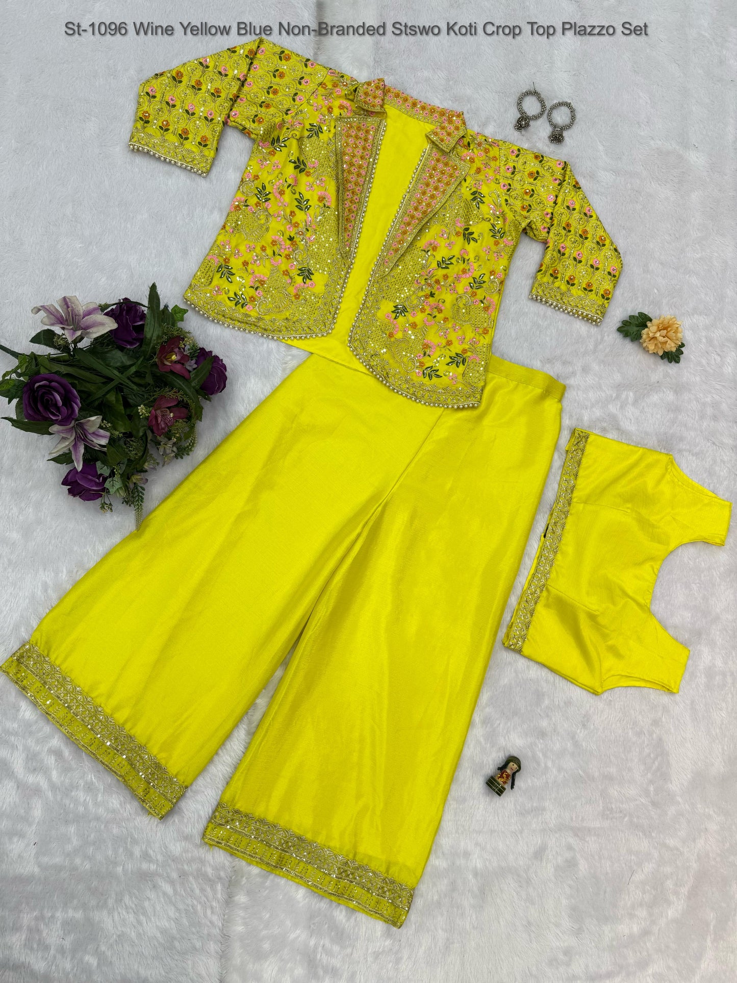 St-1096 Wine Yellow Blue Non-Branded Stswo Koti Crop Top Plazzo Set