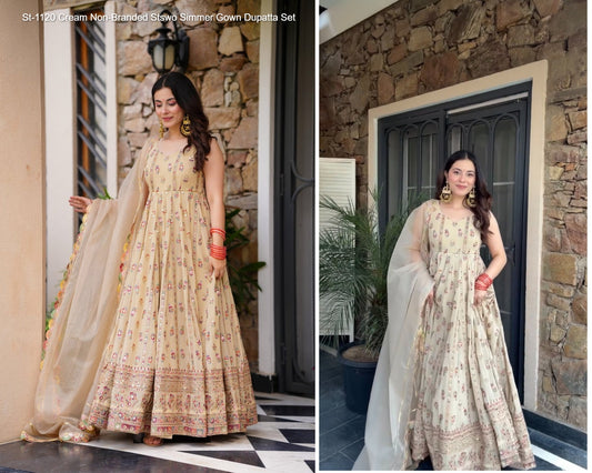 St-1120 Cream Non-Branded Stswo Simmer Gown Dupatta Set