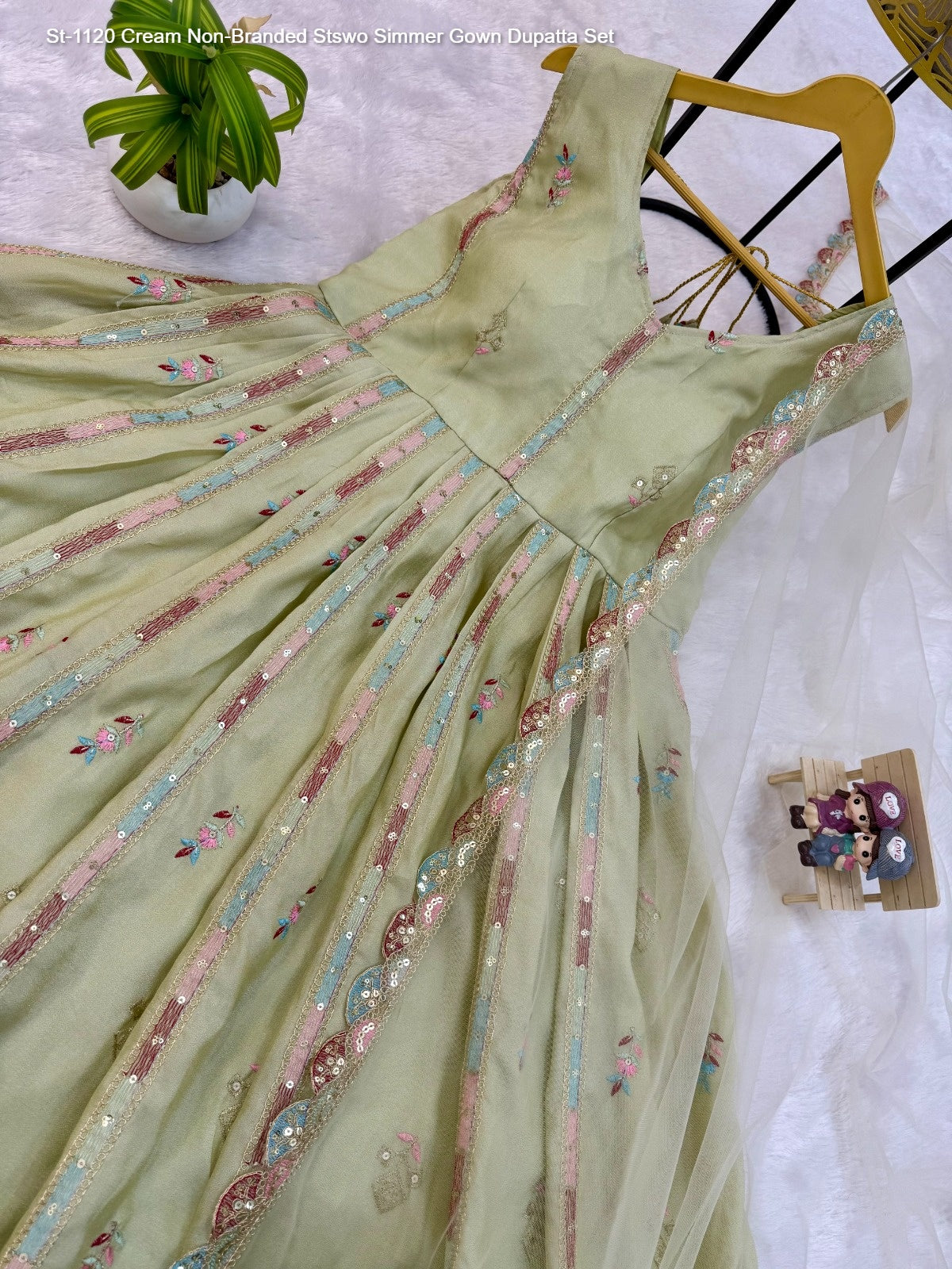 St-1120 Cream Non-Branded Stswo Simmer Gown Dupatta Set