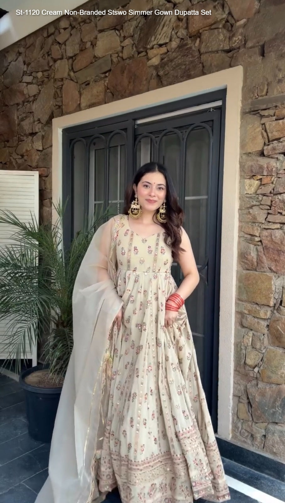 St-1120 Cream Non-Branded Stswo Simmer Gown Dupatta Set