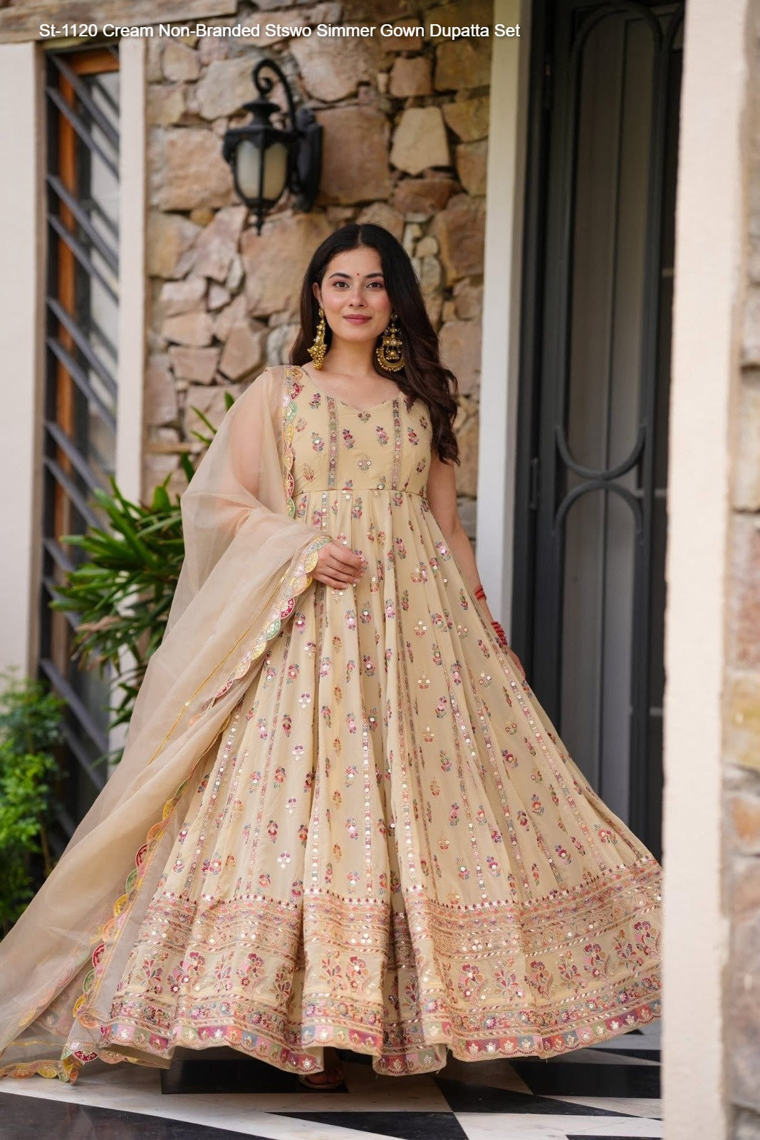 St-1120 Cream Non-Branded Stswo Simmer Gown Dupatta Set