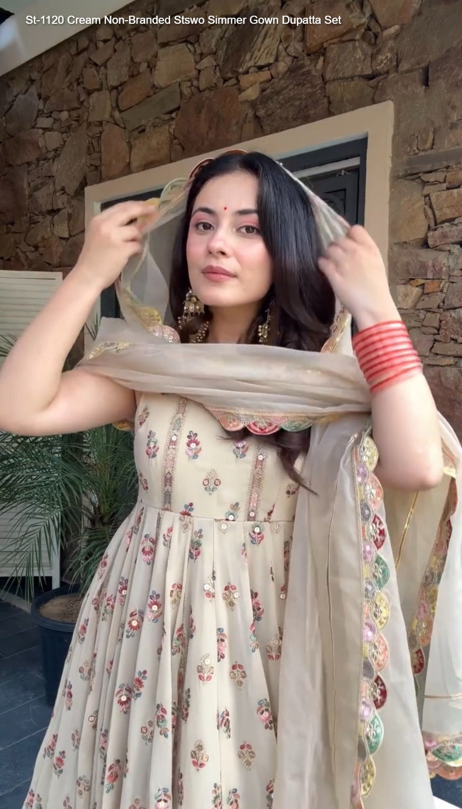 St-1120 Cream Non-Branded Stswo Simmer Gown Dupatta Set