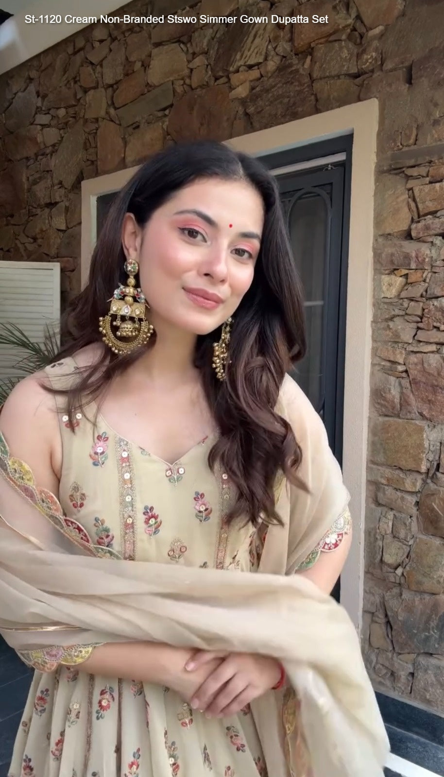 St-1120 Cream Non-Branded Stswo Simmer Gown Dupatta Set
