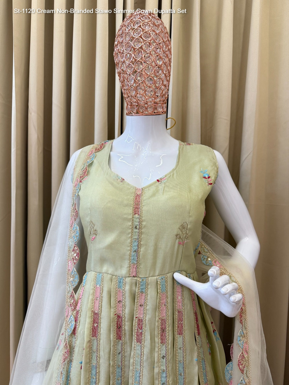 St-1120 Cream Non-Branded Stswo Simmer Gown Dupatta Set